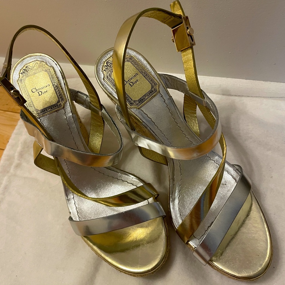 Christian Dior Gold and Silver strappy espadrille wedges